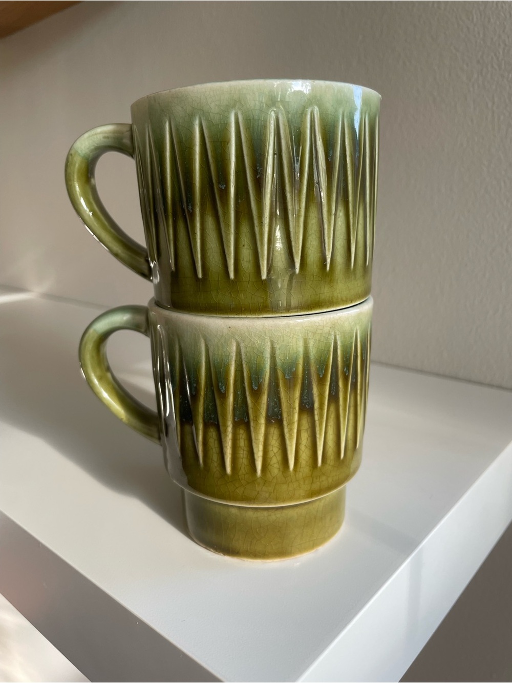 Vintage Japan Green Textured Glazed Ceramic Mugs - Set of 2